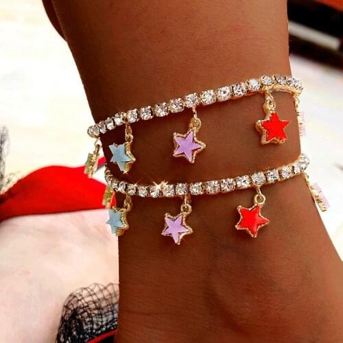 JUST FEEL Fashion Acrylic Star Anklet Shine Crystal Tennis Chain Foot Chain Summer Yoga Beach Leg Bracelet Charm Anklets Jewelry