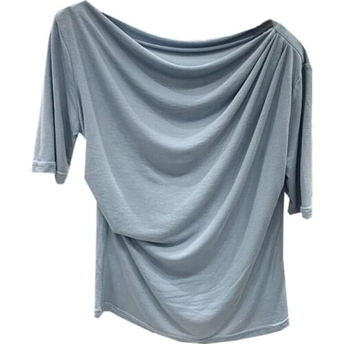 Fashion Design Pleated Women T-shirts 2021 Summer New Skew Collar Half Sleeved Slim Elegant Office Lady Pulls Outwear Tops Tees