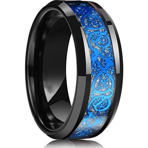 Dragon Blue Celtic Tungsten Carbide Ring Mens Black Wedding Band Polished Comfort Fit Size 7-12