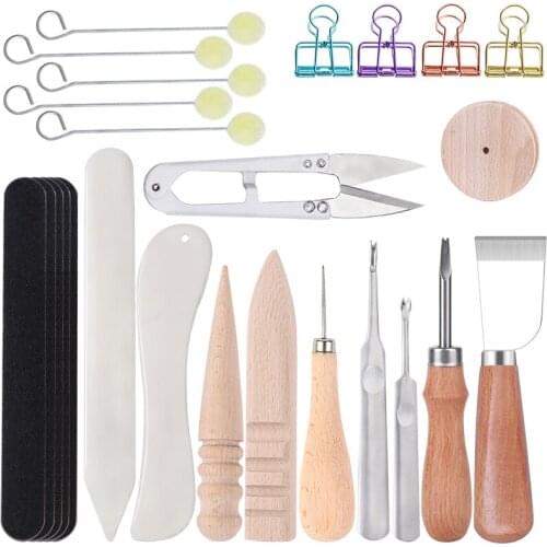Nonvor Leather Tool Set: Edge Beveler , Cutting Knife, Wool Daubers, Edge Slicker Burnisher, Sading Strip, Bone Folder, Clips