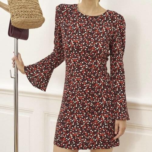 100% Silk Early Spring New Retro Round Neck Trumpet Sleeve Love Heart Broken Flower Thin Wild Dress