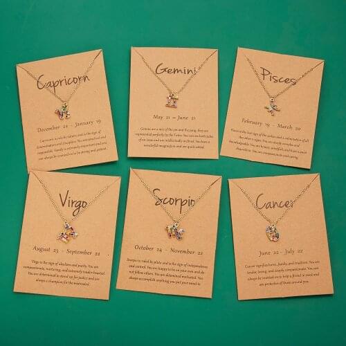 Charm 12 Constellation Multicolor Crystal Zodiac Pendant Women Necklace Girls Birthday Jewelry Gold Color Clavicle Chain Collar
