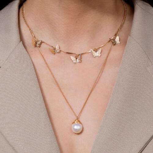 Natural Freshwater Pearl Shell Alloy Luxury Gold Butterfly Charming Wedding Necklace Chain Handmade Jewelry for Women Gift New