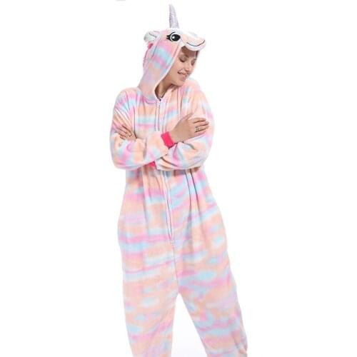 Adults Animal Pajamas Unicorn Cartoon Sleepwear Unicorn Pajamas Sets Stitch Unicornio Women Men Flannel Hooded