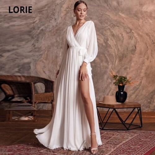 LORIE Beach Wedding Dresses 2021 V Neck Pleats Chiffon Side Split Floor Length Long Sleeves Bride Gown vestido de noiva simples
