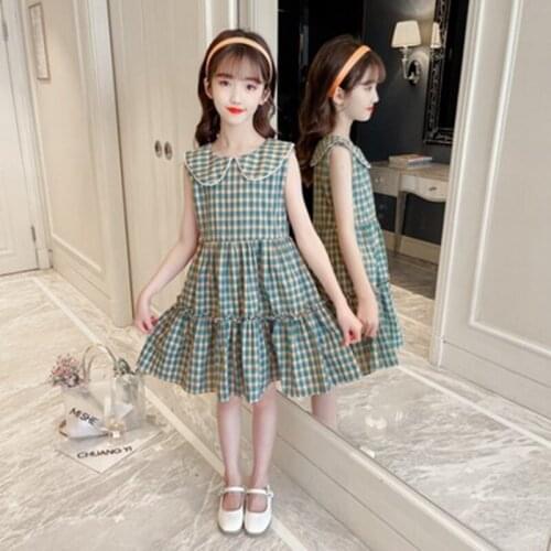 Girls Casual Dresses for Girls Peter Pan Collar Dress 2021 Summer Kids Plaid Clothing 6 8 10 12 Princess Dress Korean Clothes