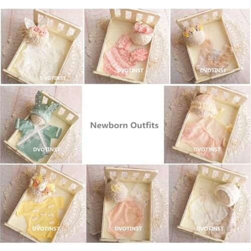 Dvotinst Newborn Baby Photography Props Crochet Knitted Lace Clothes Hat Pillow Fotografia Costume Studio Shooting Photo Props
