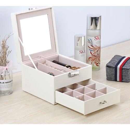 Casegrace Jewelry Box Rings Bracelet Leather Jewelry Casket Organizer 2Layer Display Makeup Storage Drawers Box Case with Mirror