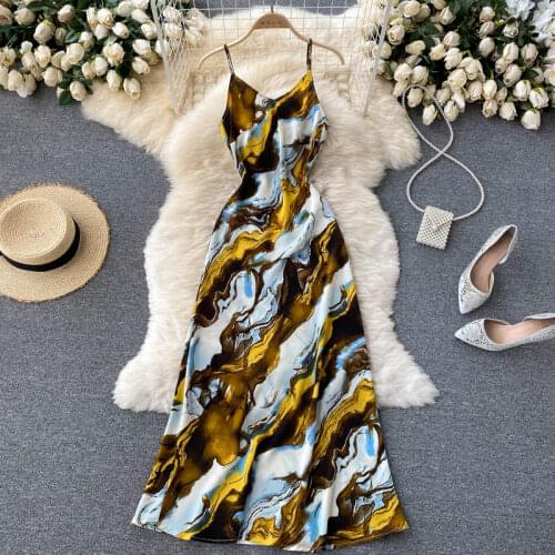 SINGREINY Design Tie Dye Strap Dress Women Sexy Sleeveless V Neck A-line Dresses 2021 Summer Korean Off Shoulder Beach Sundress