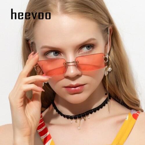 Red Tinted Sunglasses Rimless Men Retro Rectangular Sun Glasses For Women 2020 Summer Gold Silver Metal High Quality Eyewear