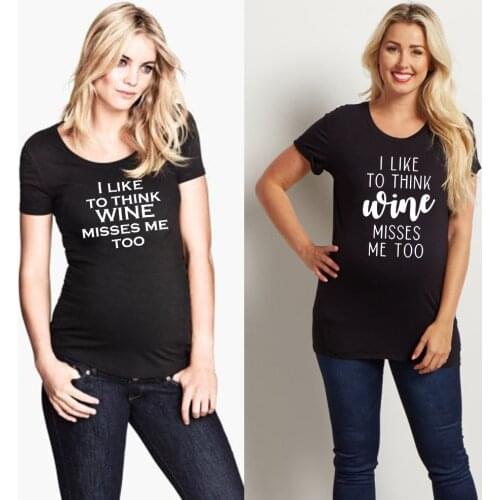 I Like To Think Wine Misses Me Too Maternity T-shirt Funny Print Pregnant T-shirt Maternity Tops Tee Shirt Anouncement Clothes