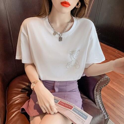 2021 Cartoons Hot drilling T Shirt Summer Women Short Sleeve Leisure Top Tee Casual Female T Shirts graphic tee white t shirt