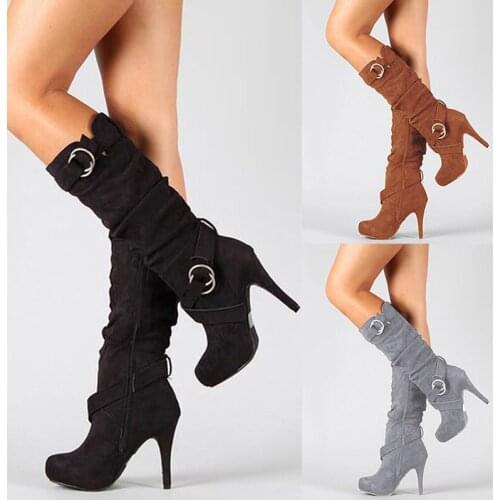2018 Sexy Knee High Women Boots Thin High Heel Round Toe Platform Fashion Ladies PU Leather Boots Size 34-43 Lady Shoes