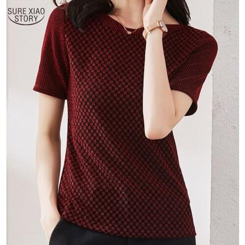 Short Sleeve Gold and Silver Ladies Tops 2021 Summer Clothes New Shirt Women O Neck Slim Wild Knitted Blouse for Women 9444