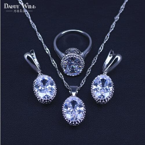 New Big Oval CZ Jewelry Sets Silver Color Necklace&Earrings&Ring Wedding Jewelry For Women Wedding Party Sets