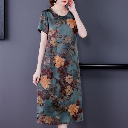 Summer Floral Mulberry Silk Satin Midi Dress 2021 Casual Print Vintage O-neck Maxi Dresses Women Elegant Bodycon Party Vestidos