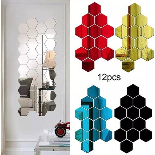 12Pcs/Set Hexagonal 3D Mirror Wall Stickers Restaurant Aisle Floor Personality Decorative Mirror Paste Living Room Sticker