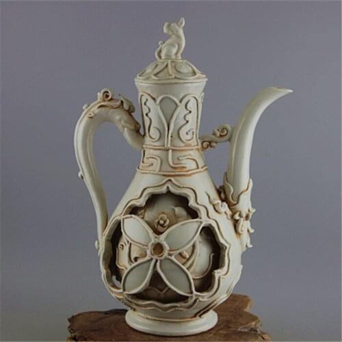 6Antique YuanDynasty porcelain pot,White carving flower flagon,Hand-painted crafts,Decoration,Collection&Adornment,Free shipping