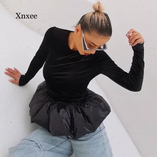 Avant-Garde Black Patchwork 3D Bud Hem t Shirt for Women o Neck Long Sleeve Velour Slim Y2K Female Spring Fashion New Clothing