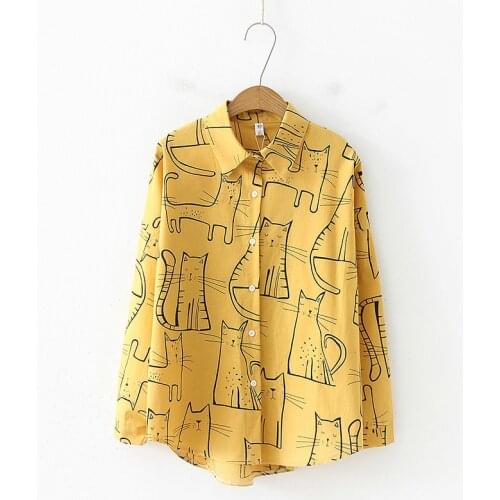 Korean Pretty Cartoon Sweet Cat Print Blouse Spring Autumn Ladies Long Sleeve Tee Shirt Top Loose Blusas Vintage Shirts DD2333