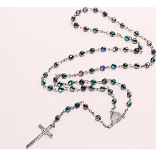 Women Men Christ Religious Multi-Color Plastic 6mm Rainbow Rosary Beads Sweater Chain Pious Cross Pendant Necklace Decor