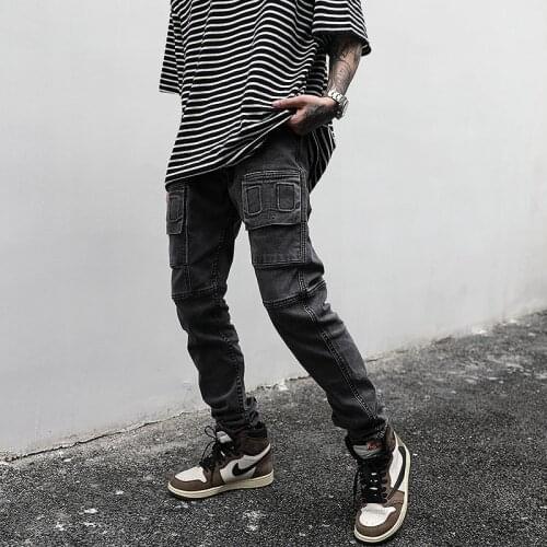 Harajuku High street Black Gray Stretch Jeans Male Retro Washed Multi-pocket Denim Trousers Hip Hop Ripped Jeans Pants Overalls
