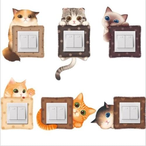 HOT 6PCS Cute Kitten Switch Stickers Socket 3D Cats Creative Decorative PVC Wall Sticker Home Decoration Bedroom Parlor Decor