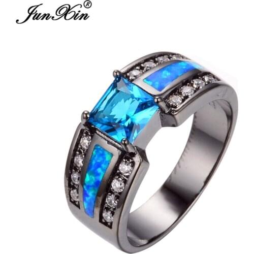 JUNXIN Size 6/7/8/9 Light Blue&White Princess Cut CZ Ocean Blue Opal Rings 10KT Black Gold Filled Wedding Engagement Ring RB0244