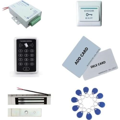 Access control kit,standalone access control+ power+180kg magnetic lock+exit button+2pcs manage card, 10 keyfob ID tags,sn:set-3