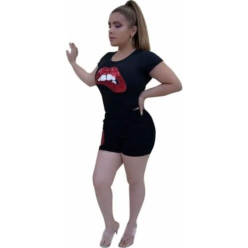 Shorts Suit 2021 Round Neck Womens Fashion Hot Style Trendy Brand Sequined Lips Pattern Short-Sleeved Pants Two-Piece Suit