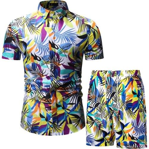 Summer Hawaii Mens Print Tracksuit Casual Short Men Sports Suit Holiday Shirt+Shorts 2 Piece Sets Brand Sportswear Slim Outfits