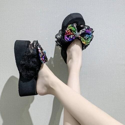 Fashion girl summer jewelry decorative flip flops summer beach wedge slippers womens comfortable high platform shoes women