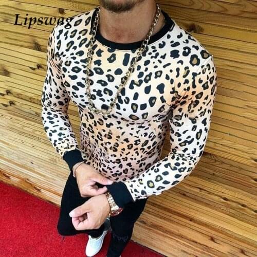 2021 Spring Mens Fashion Leopard Printed T-shirts Autumn Vintage O Neck Pullover Tops Male Casual Long Sleeve Tee Streetwear 3XL