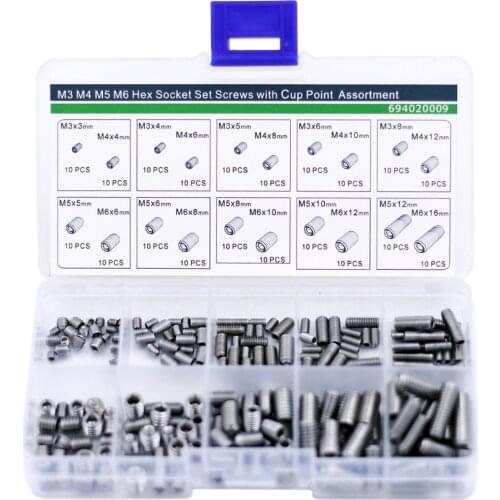 M3 M4 M5 M6 Hex Socket Set Screws with Cup Piont Assortment Kit,Stainless Steel,200 pieces