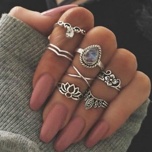 7pcs/set Boho Vintage Midi Ring For Women Antique Silver Color Vintage Carved Hollow Lotus Water Drop Gem Joint Rings Set