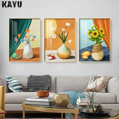 Nordic Living Room Wall Art Decorative Painting Light Luxury Small Fresh Vase Sunflower Plant Triple Sofa Mural Abstract Posters