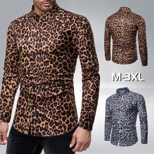 New Mens Leopard-print Long-sleeved Lapel Shirt Casual Slim Fit Shirt Nightclub