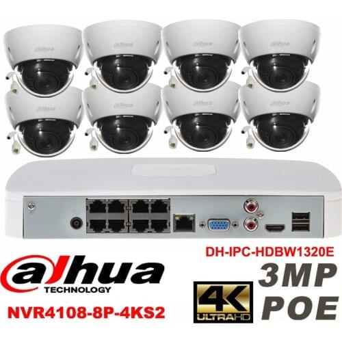 Dahua original 8CH 3MP H2.64 DH-IPC-HDBW1320E 8pcs Dome IP CCTV network camera POE DAHUA DHI-NVR4108-8P-4KS2 security camera kit