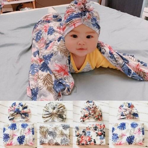 Newborn Infant Baby Floral Print Swaddle Blanket Warm Soft Sleep Muslin Wrap+Hat UK