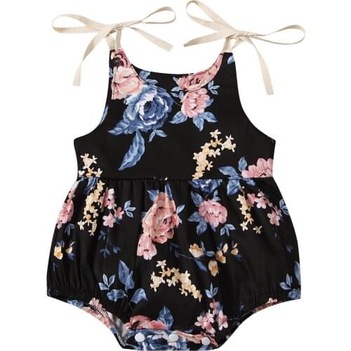 Baby Girl’s Casual Suspender Jumpsuits Fashion Flower Print Round Neck Bow Lace-Up Triangle Romper