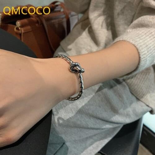 QMCOCO Korean 925 Silver Personality Vintage Braided Twist Knot Bracelet For Woman Vintage Do Old Thai Silver Party Accessories