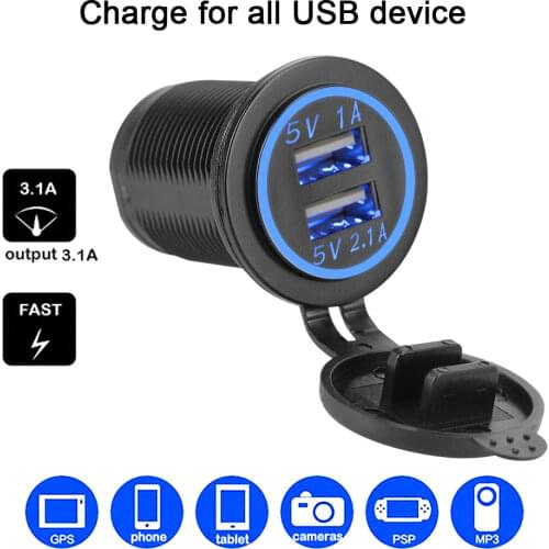 Outlet Adapter LED Light Waterproof Power Socket 3.1A for Auto Marine Motorcycle Truck 12-24V Dual USB Charger