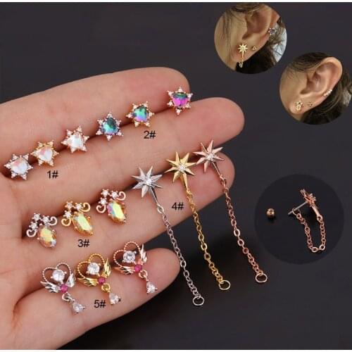 1PC Multicolor CZ Cartiliage Earrings Stars Flowers Helix Tragus Conch Rook Lobe Screw Back Stud Earring Piercing jewelry