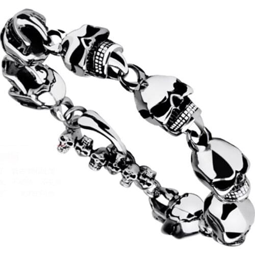 Vintage 22cm Long Skull Bracelets For Men Stainless Steel Shiny Skull Head Charm Link Chain Bracelets Mens Gothic Jewelry