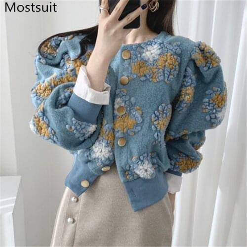 Stereoscopic Floral Vintage Korean Women Coat Jacket 2020 Winter Lantern Sleeve Single-breasted Warm Fashion Ladies Coat Femme
