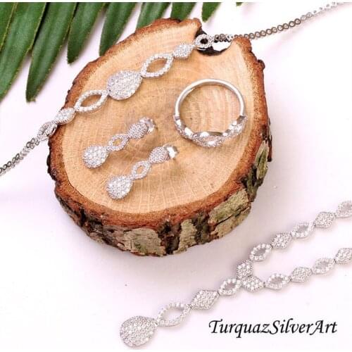 Woman Dainty Cubic Zirconia 925 Silver Jewelry Set, Zirconia ring, Zirconia Bracelet, Zirconia Necklace, White Zirconia