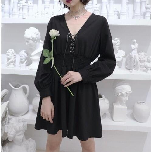 Ruibbit New Autumn Winter Gothic Punk Sexy V Neck A-Line Dresses Fashion Lace Up Long Sleeve Dress Solid Black Short Dress