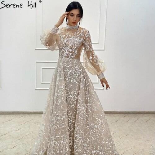 Serene Hill Muslim Beige Luxury Evening Gown 2021 Lace Beaded A-Line Wedding Party Dress For Women CLA71196
