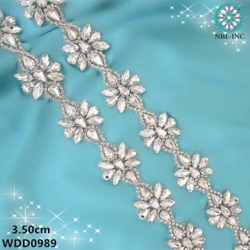 10 YARDS) Wholesale silver bridal beaded crystal rhinestone applique trim iron on for wedding dress belt WDD0989