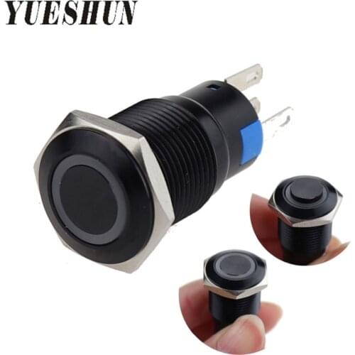 16mm Black Oxidized Aluminum Momentary Pushbutton Switch With LED Self-locking 1NO 1NC Waterproof Ring Type Light Power Switches